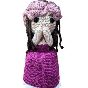 Unique Handmade Crocheted Magenta Dress Doll Flower Bouquet 12" X8"